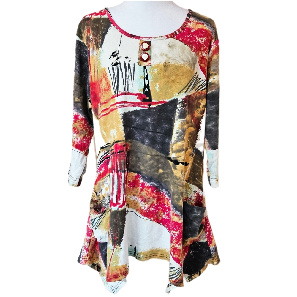 Parsley & Sage Abstract Print Tunic Top Women's PL Cotton Boho Lagenlook Pockets